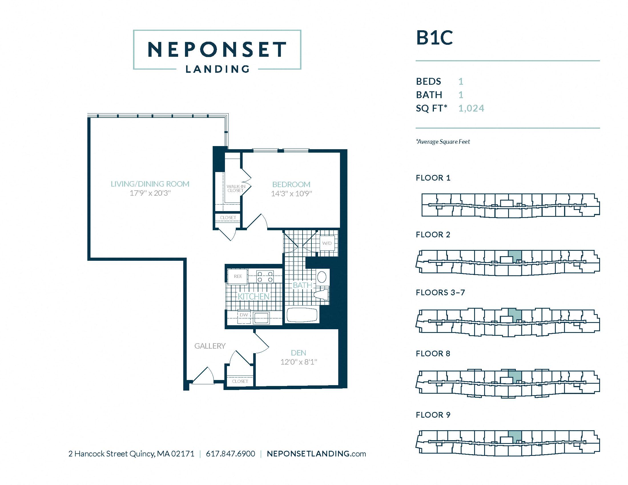 Floor plan for 1 bed, 1 bath, 1066 sqft